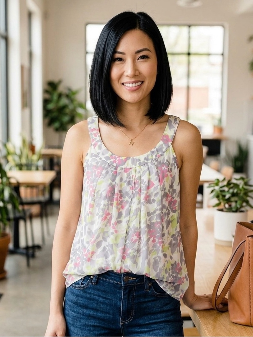 LOFT Abstract Watercolor Floral Leopard Women Tank Top Blouse Size XSP Pleated